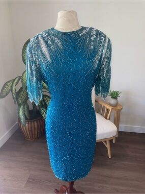 Vintage Teal Blue A.J. Bari Sequin Beaded Cocktail 100% Silk Dress Art Deco #10